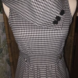 Asymetrical fold over collar Houndstooth A-line Mod Midi Dress